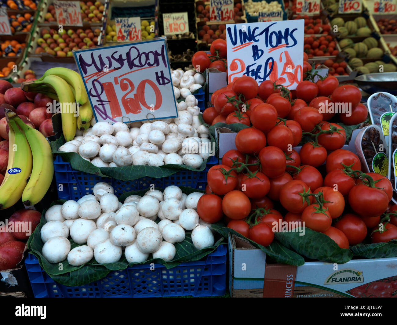 Markt der Epsom Surrey England Obst und Gemüse Stall zu verkaufen Bananen, Pilze und Strauchtomaten Stockfoto