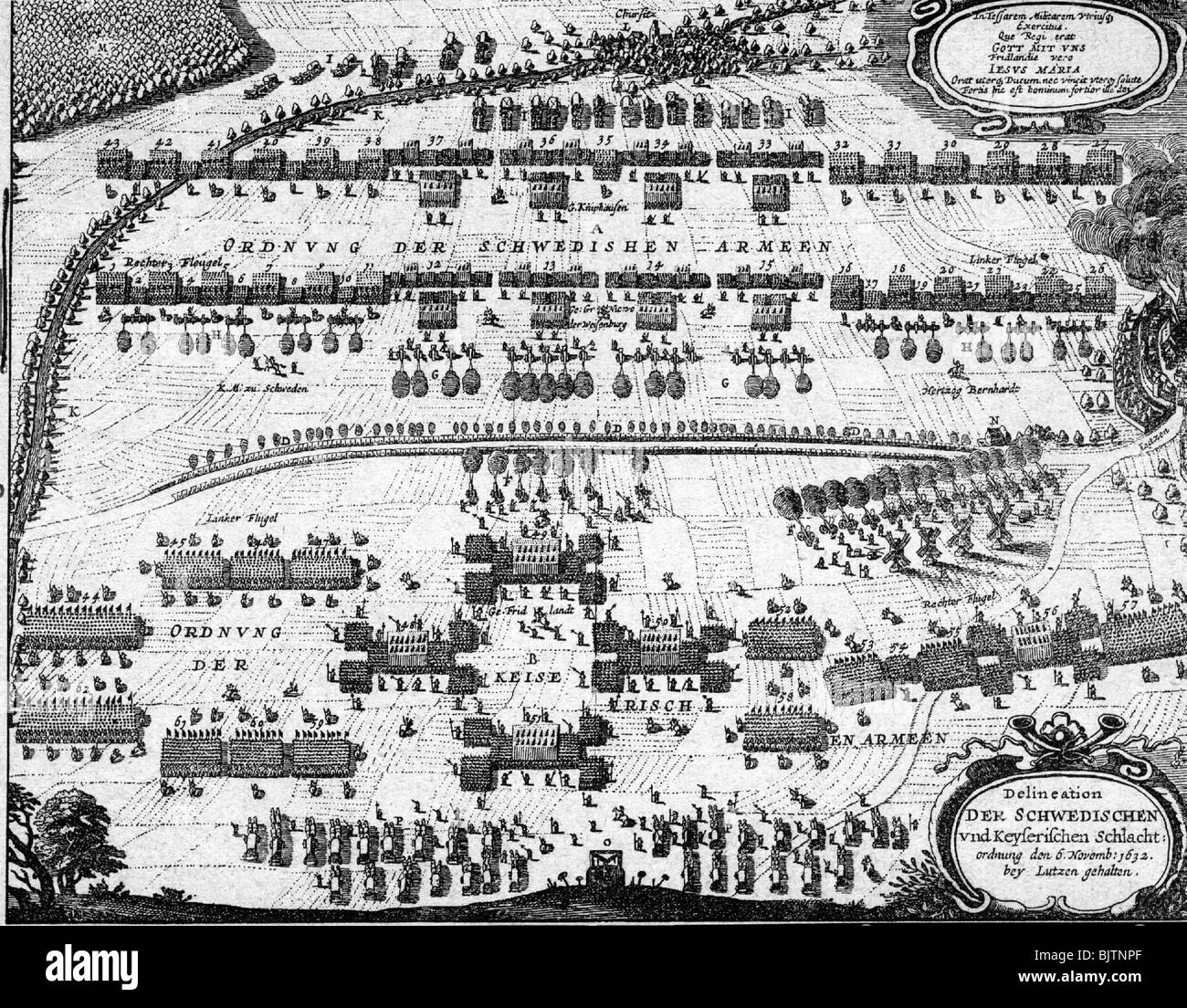Ereignisse, Dreißigjähriger Krieg 1618 - 1648, Schlacht bei Luetzen, 16.11.1632, Truppendispositionen der schwedischen und der kaiserlichen Armeen, zeitgenössische Kupferstich, Armee, Formation, Formationen, 17. Jahrhundert, historisch, historisch, Lutzen, Lützen, Menschen, Stockfoto
