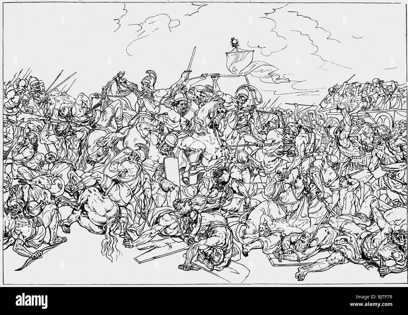 Ereignisse, Cimbrischer Krieg 113 - 101 v. Chr., Schlacht von Vercellae, 30.7.101 v. Chr., Holzgravur nach Zeichnung von Karl Ens, 19. Jahrhundert, Antike, Antike, Römisches Reich, Germanen, Cimbri, Römer, Soldaten, Legionär, Italien, 2. Jahrhundert v. Chr., historisch, historisch, alte Welt, Menschen, Stockfoto