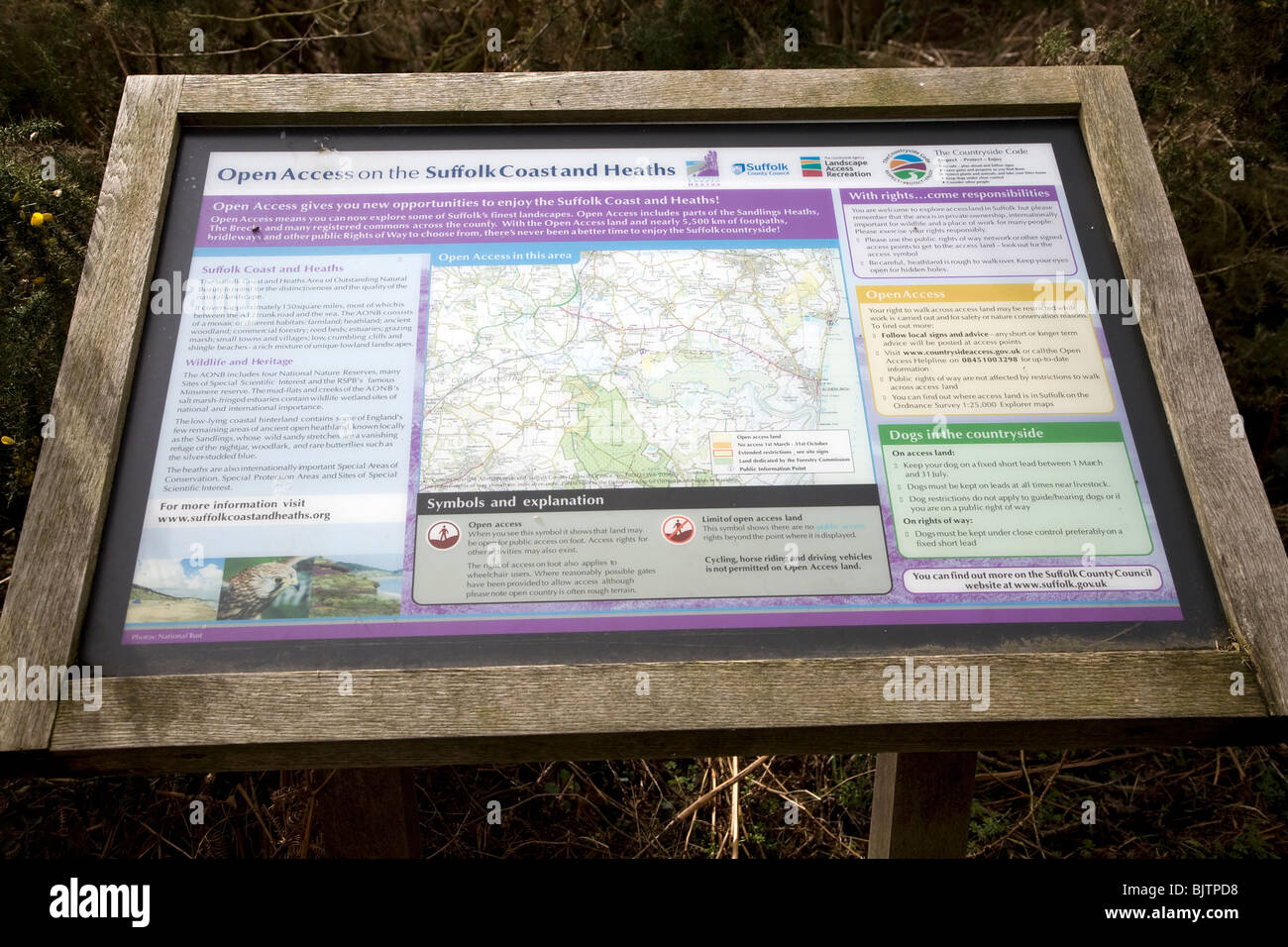 Information Board open-Access Land Küste von Suffolk und Heide Stockfoto