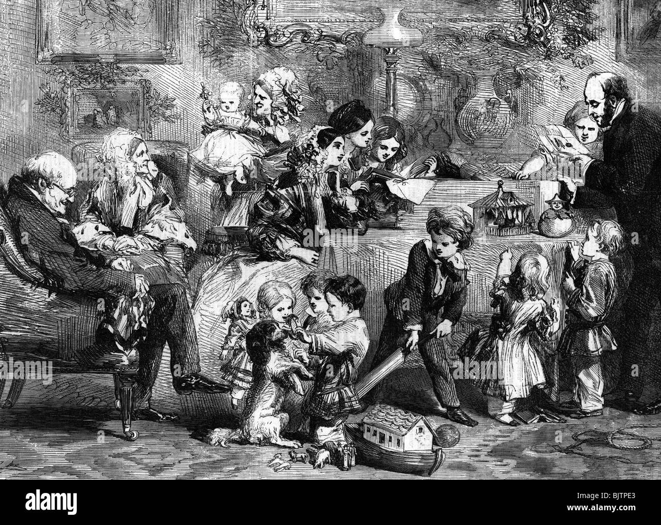 Menschen, Familie, Großfamilie, Mitte des 19. Jahrhunderts, Holzgravur nach John Gilbert (18-1897), Stockfoto