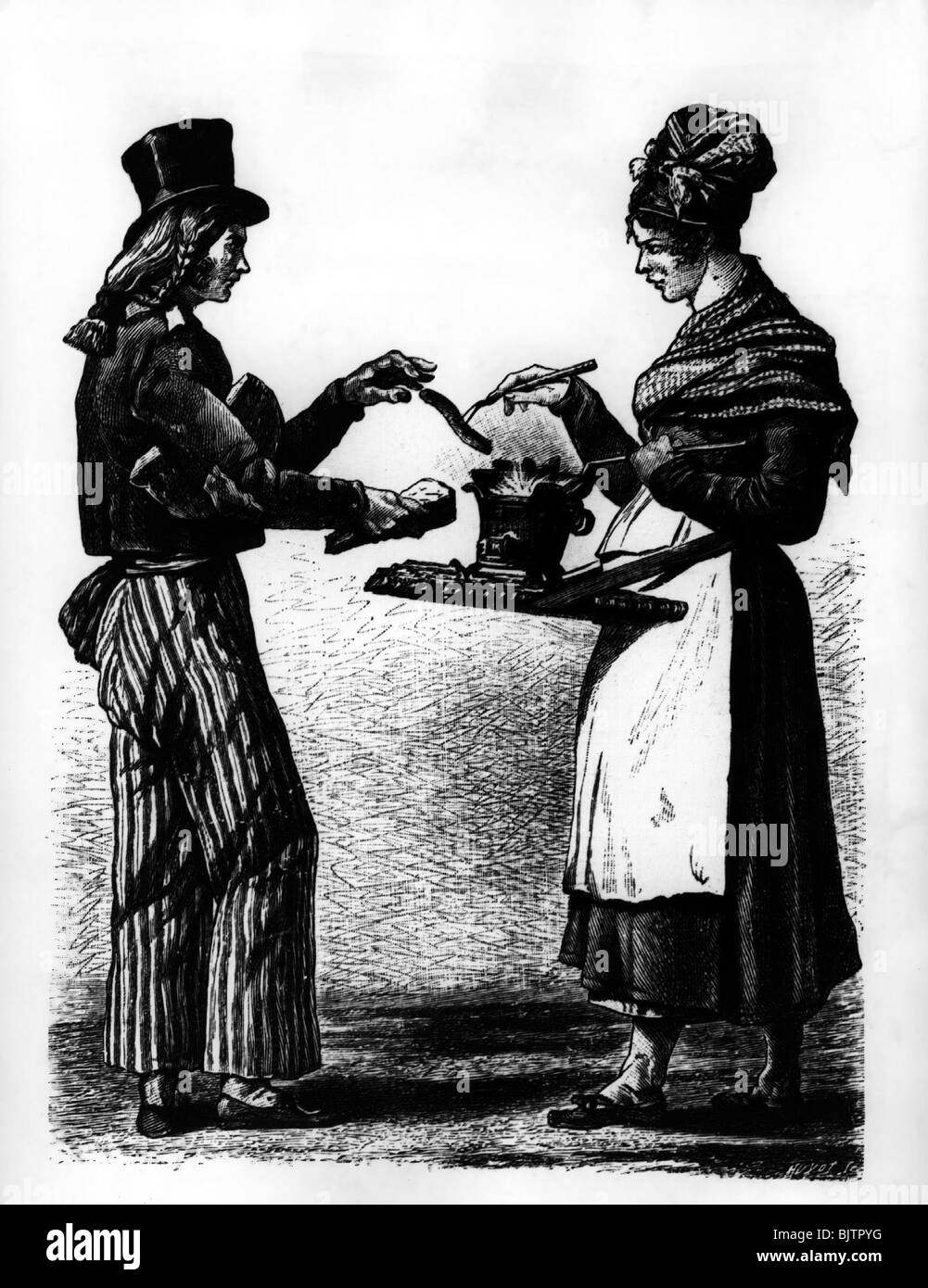 Handel, Händler, Straßenhändler, Wursthändler, Paris in Zeiten des Vorstandes (1790-99), nach Gravur durch Carle Vernet, Holzgravur, 19. Jahrhundert, historisch, Frau mit Verkäufertray, Verkäufertrassen, heiße Würstchen, fast Food, Frankreich, Kunde, Punter, Kunden, Pädeln, Colportage, Kochtopf, Kochtöpfe, Directoire, Leute, Frauen, Frauen, Stockfoto