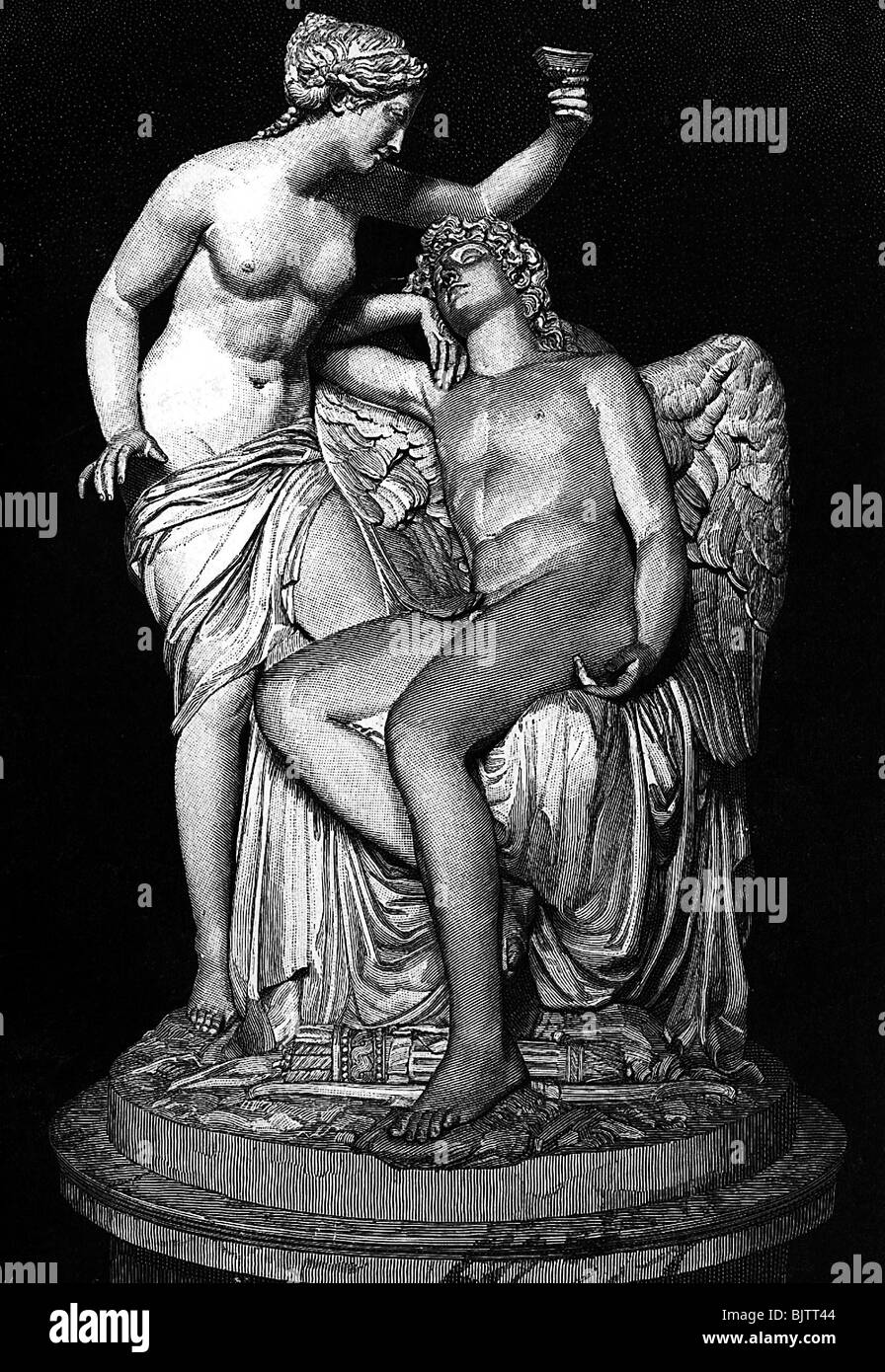 Cupid, griechische liebesgottheit, halbe Länge, mit Psyche, Holzgravur von Huyot nach Delaistre, Stockfoto