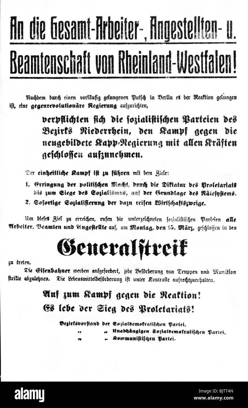 Kapp-Putsch, 13.- 17.3.1920, Appell der Gegner zum Generalstreik am 15.3. In Rheinlandwestfalen, Plakat, 15.3.1920, 20er, 20er, 20er, 20er Jahre, historisch, Deutschland, Weimar, Politik, Sozialdemokratische Partei Deutschlands (SPD), Unabhängige Sozialdemokratische Partei Deutschlands (USPD), Kommunistische Partei Deutschlands (ZK), Preßburg, Putsch, Putsch Revolte, Stockfoto