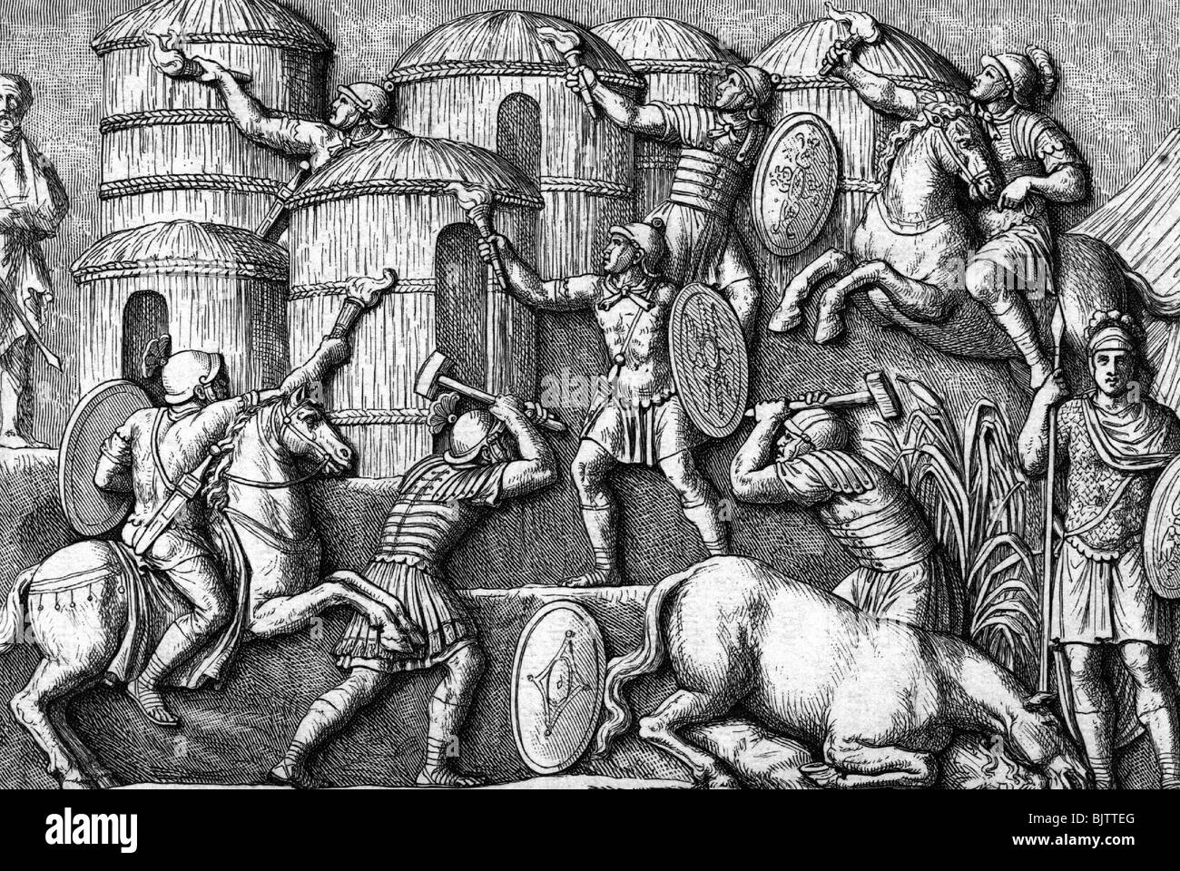 Evsnts, Marcomannic Wars 166-180, römische Soldaten zerstörte Dorf, Holzschnitt, 19. Jahrhundert, nach dem Relief der Spalte Stockfoto