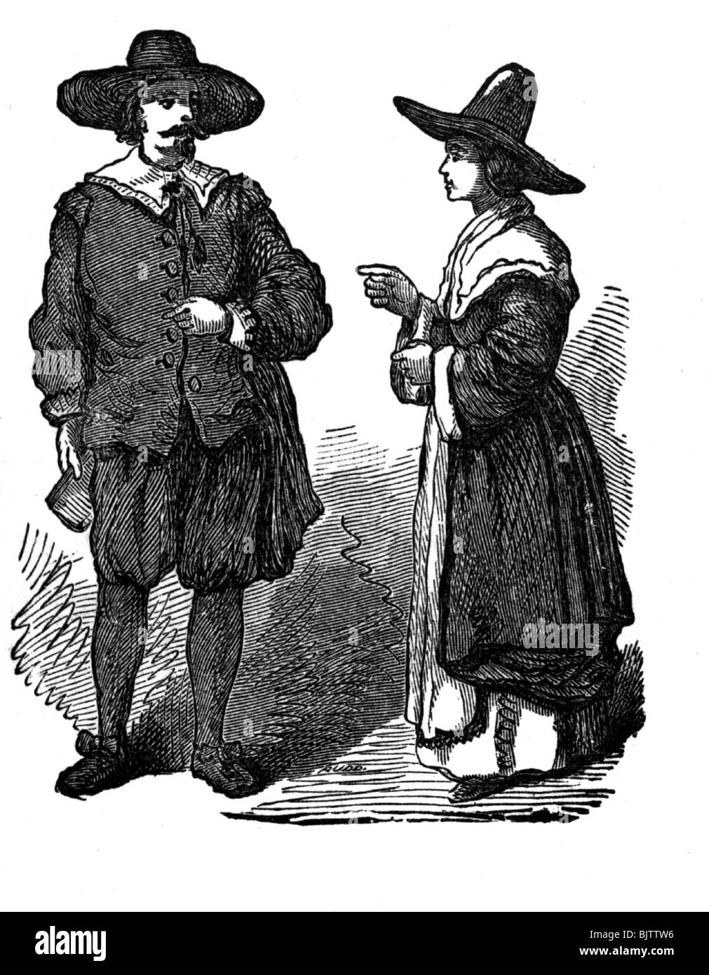 Geographie/Reisen, Vereinigte Staaten von Amerika, Einwanderer, Pilger, 17. Jahrhundert, puritanisches Paar, Holzgravur, 19. Jahrhundert, Stockfoto