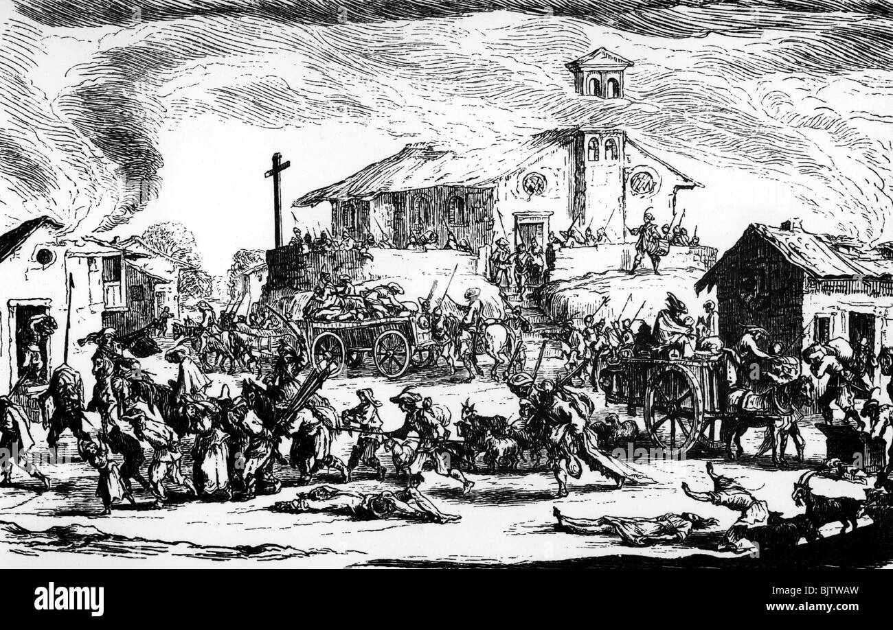 Ereignisse, Dreißigjähriger Krieg 1618 - 1648, Grausamkeiten, Soldaten, die ein Dorf an den Pranger stellen, Holzschnitt aus der Serie "Les Miseres et les Malheurs da la Guerre" von Jacques Callot, 1633, Stockfoto