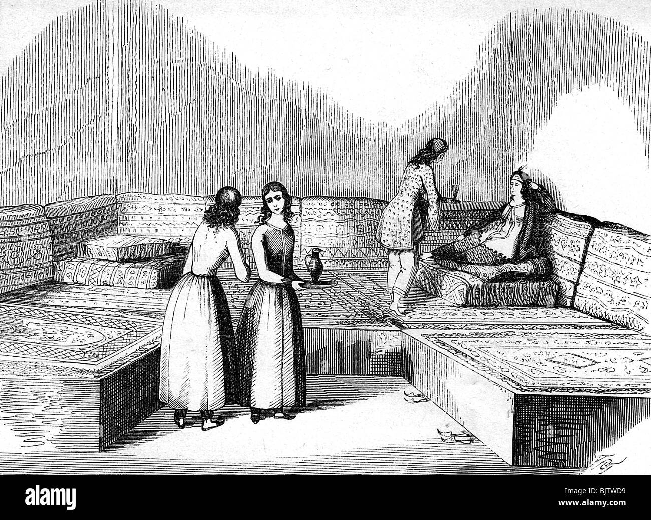 Menschen, Frauen, Harem, Circassianische Frauen in einem Harem, Holzgravur, 1844, Stockfoto