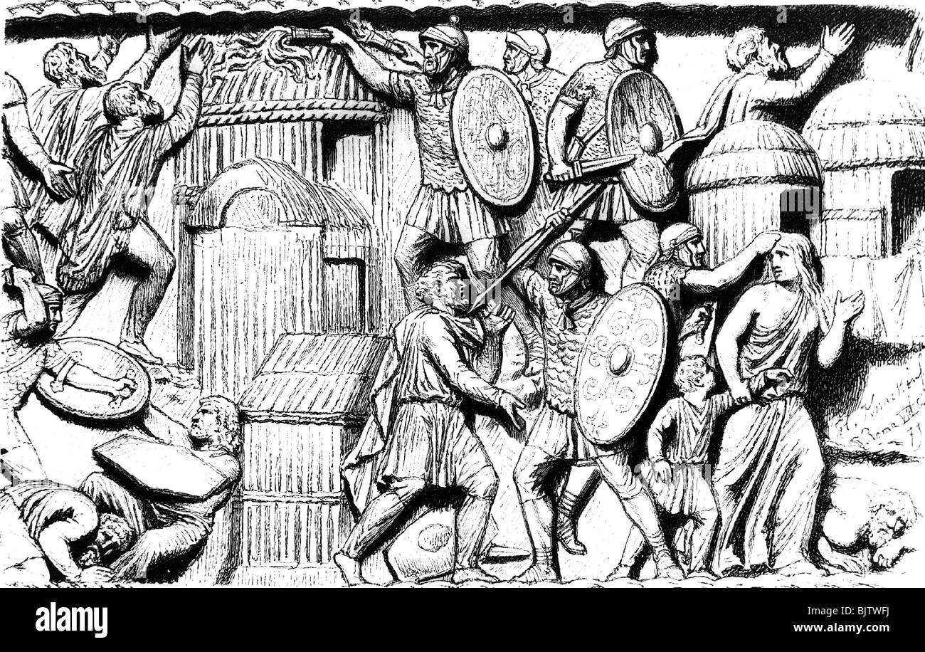 Veranstaltungen, Marcomannic Wars 166-180, römischer Soldaten Angriff auf ein Dorf, Zeichnung von H. Knackfuß, 1879, nach dem Relief auf die Spalte Stockfoto