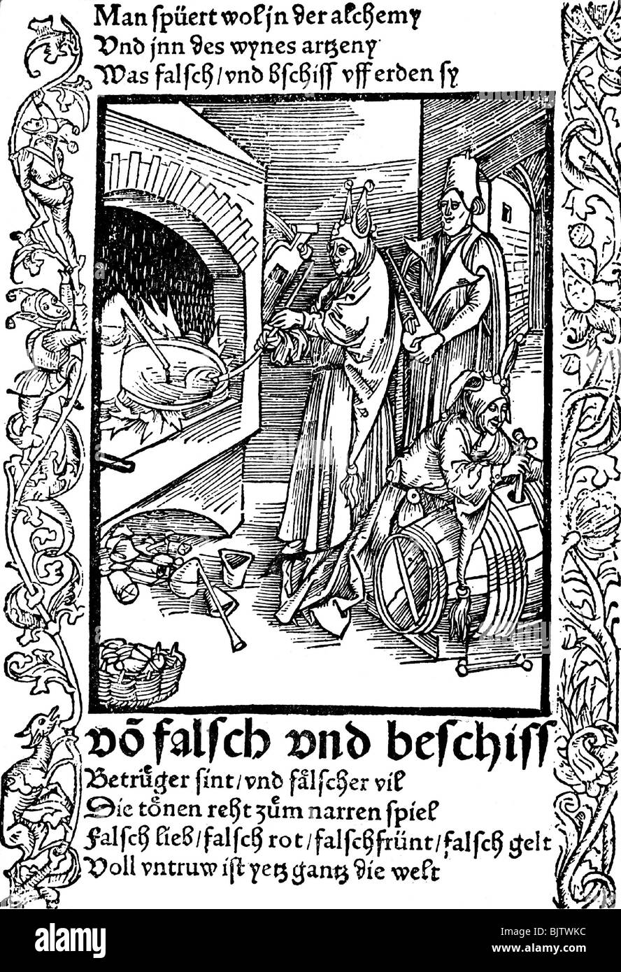 Alchemie, Küche eines Alchemisten, Holzschnitt an Sebastian Brent 'Das Narrenschiff', Basel, 1494, Stockfoto