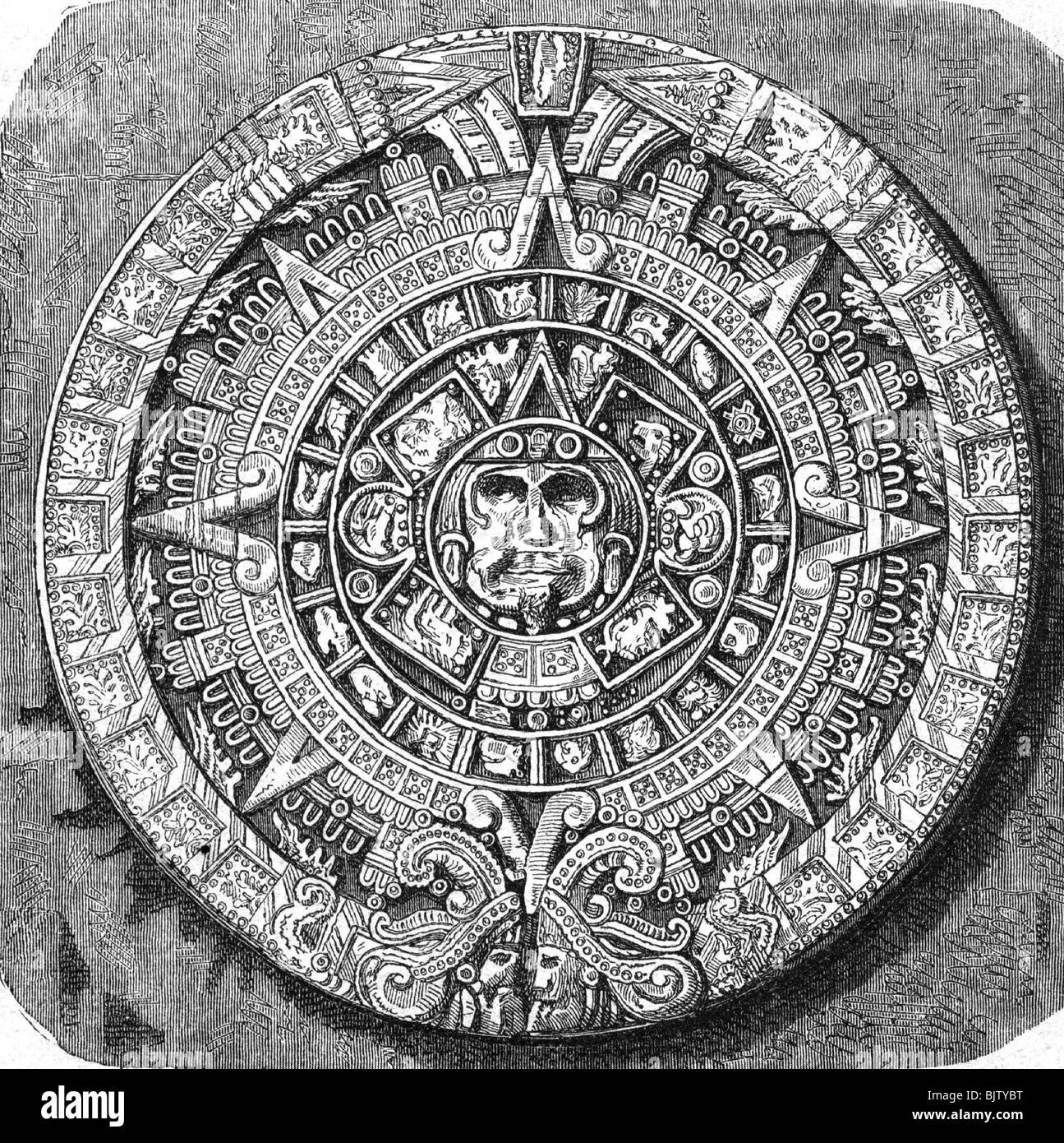 Kalender, Azteken, Kalenderstein (Sonnenstein, erbaut: 1497), nach der Fotografie von Paul de Rosti, Holzgravur, 19. Jahrhundert, historisch, Museo Nacional de Antropologia y Historia, Mexiko-Stadt, entworfen unter Kaiser Axayacatl (1469 - 1483), nach der spanischen Eroberung von Tenochtitlan 1521 aus dem Tempel entfernt, der sich im Jahre 170-70 erholt hatte, Stockfoto