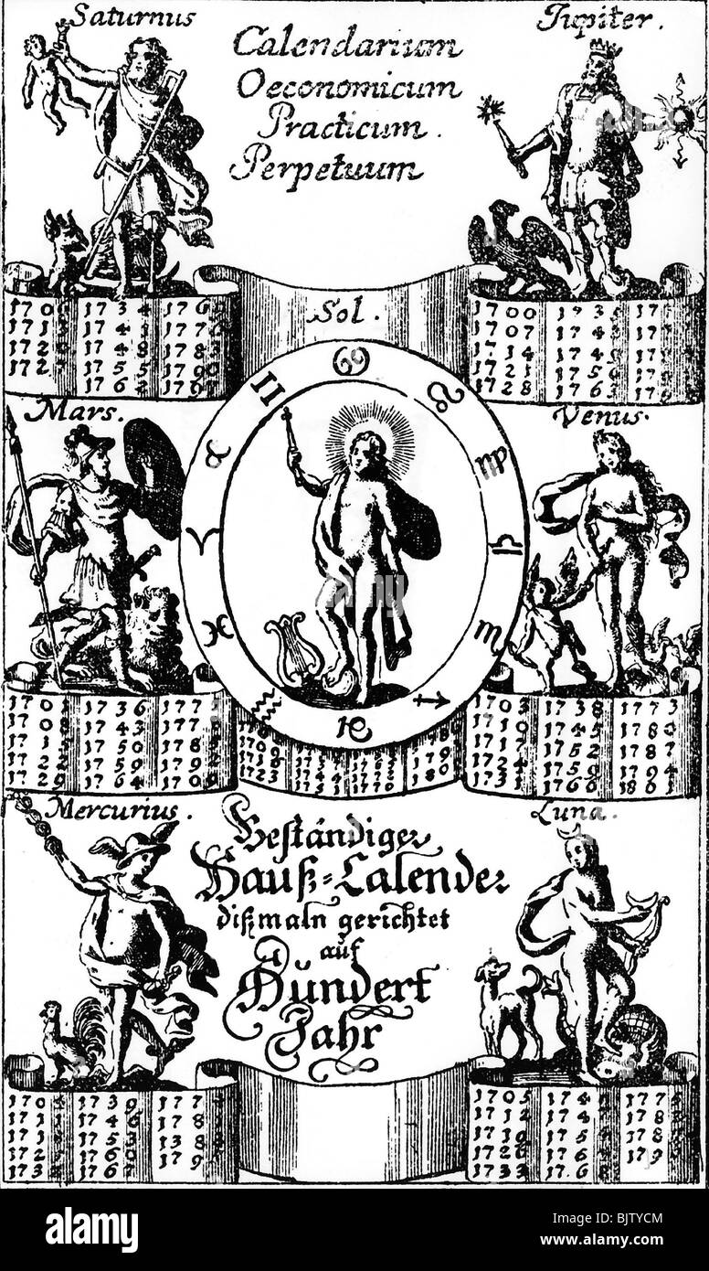 Kalender, unbefristeter Kalender von 100 Jahren, (Dauerkalender), Titel Kulmbach, Deutschland, 1704, Stockfoto