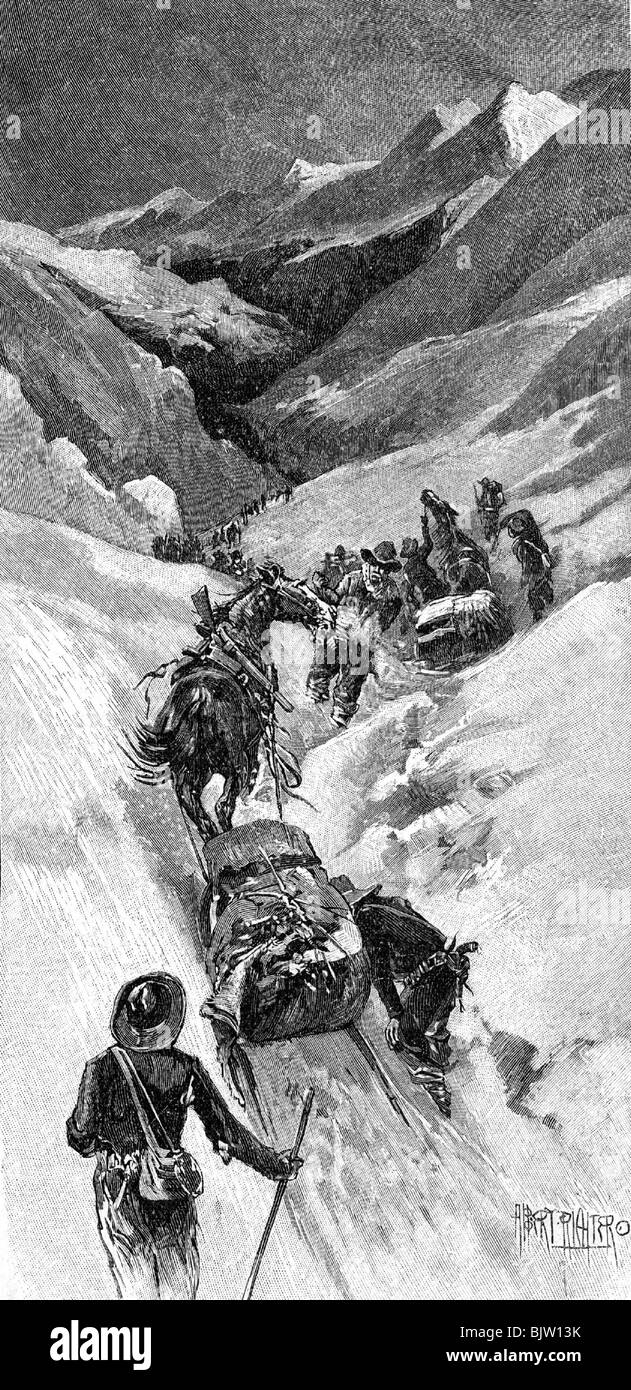 Metalle, Gold, Goldsucher, auf dem Weg in die Berge, Zeichnung von Albert Richter, 1897, Stockfoto