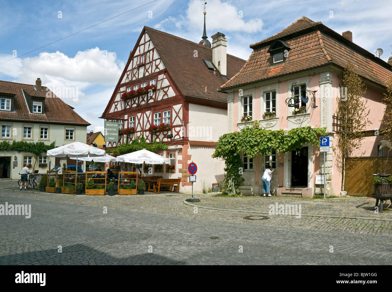 Gerahmte Holzhäuser in Prichsenstadt, Franken, Bayern, Deutschland. Stockfoto