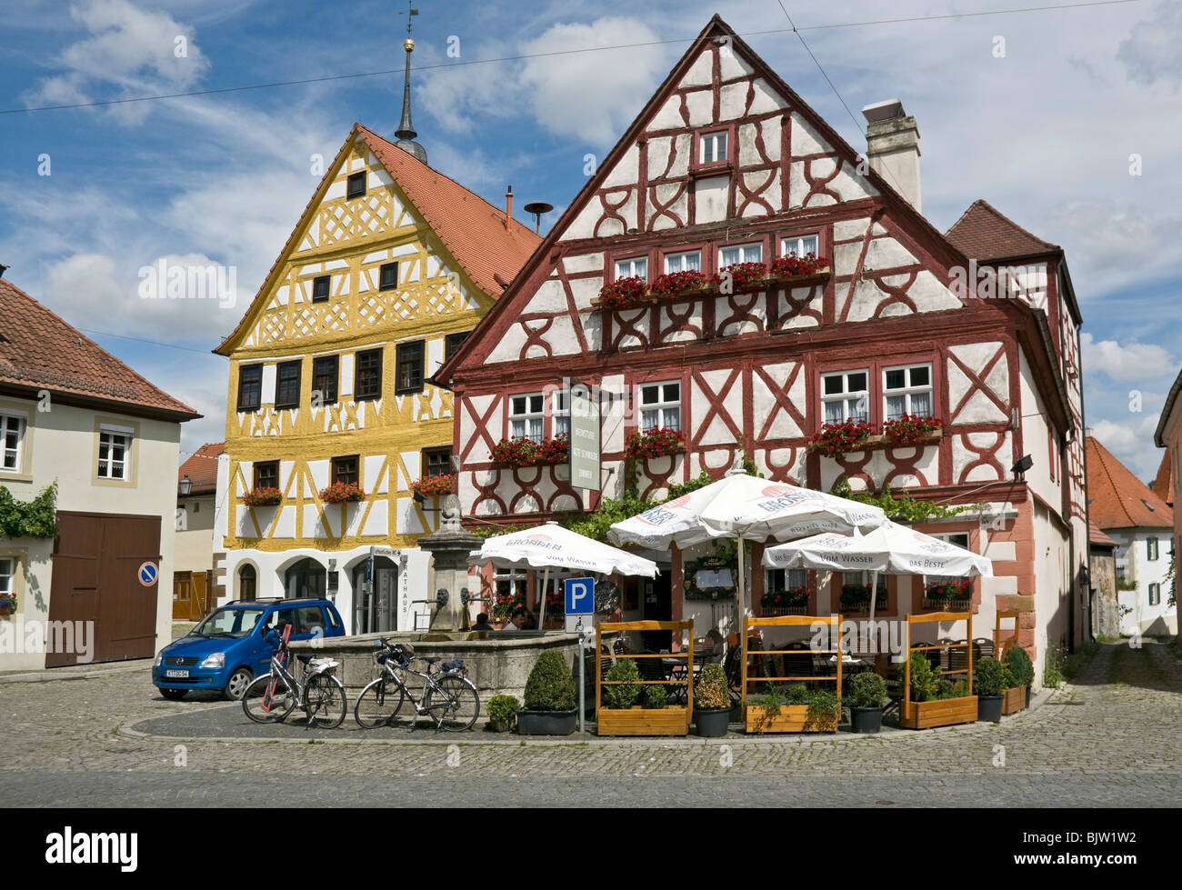 Gerahmte Holzhäuser in Prichsenstadt, Franken, Bayern, Deutschland. Stockfoto