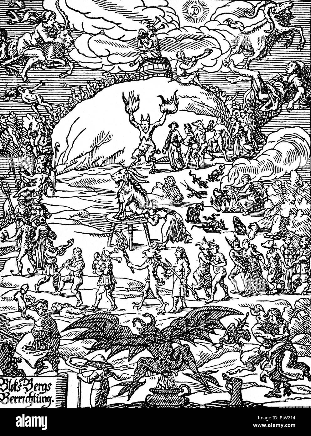 Hexen-, Hexensabbad, "Blocksberger Verrichtung" (Brockenvorstellung), Holzschnitt, Titel einer Schrift von Johannes Praetorius, Leipzig, Deutschland, 1668, Stockfoto