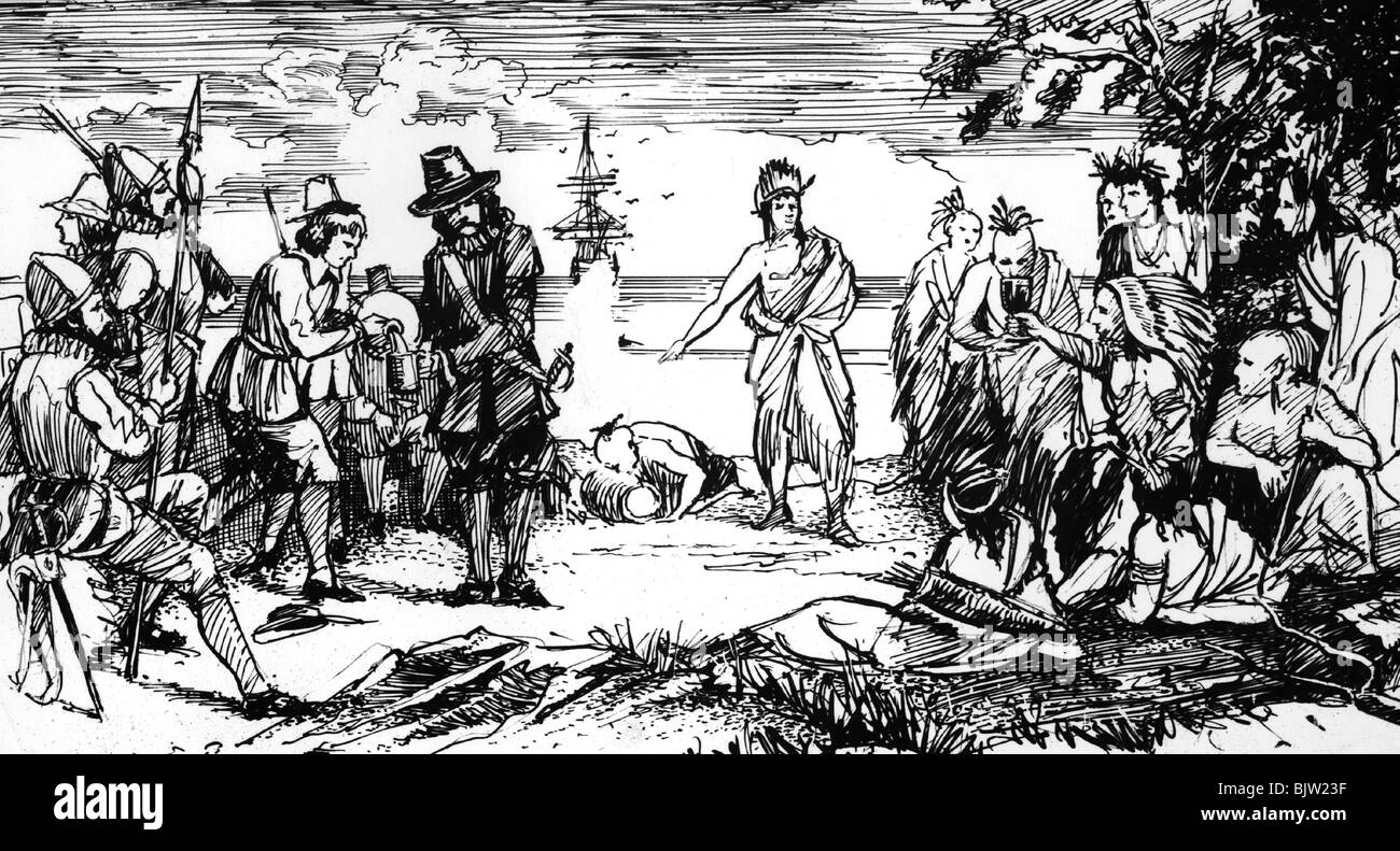 Geographie/Reisen, Vereinigte Staaten von Amerika, Einwanderer, Kolonisierung, Landfall von Pilgervätern in Massachusetts, 1620, Stockfoto