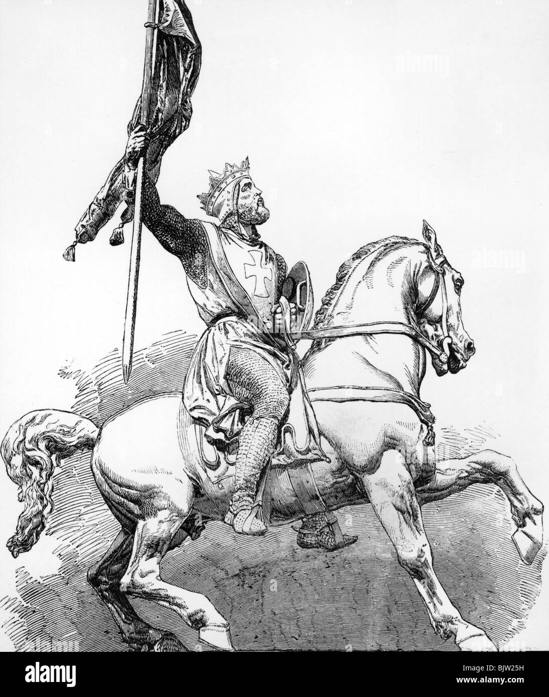 Godfrey von Bouillon, ca. 1060 - 18.7.1100, König von Jerusalem 1099-1100, volle Länge, zu Pferd, Holzgravur nach Denkmal in Brüssel (eingeweiht 1848), Stockfoto