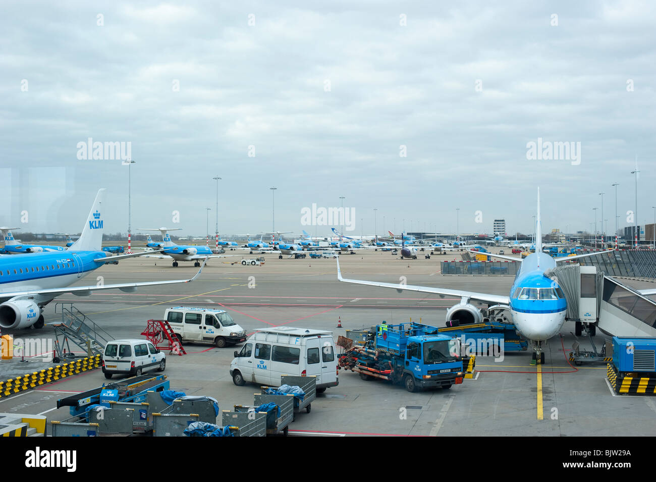 KLM-Flugzeuge auf dem Flughafen Schiphol aufgereiht und warten am gate Stockfoto