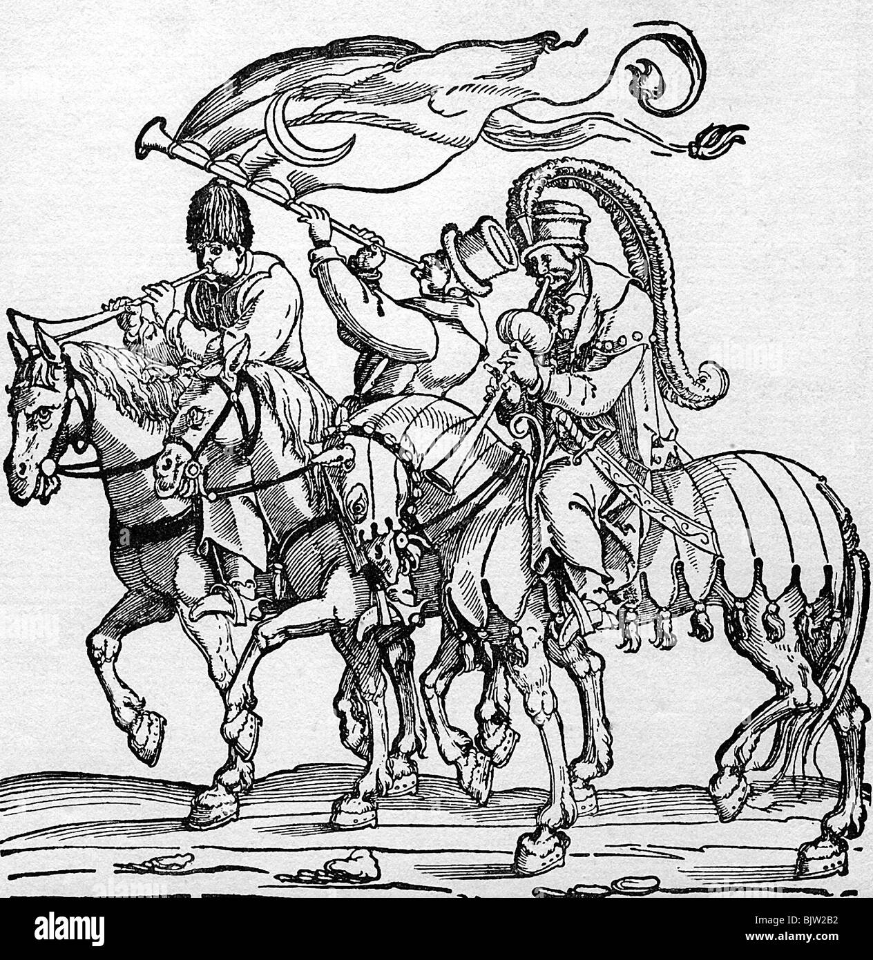 Musik, Blasinstrumente, Türkische Heralde, Holzschnitt von Hans Guldenmund aus "Türkische Belagerung von Wien", 1520, Stockfoto