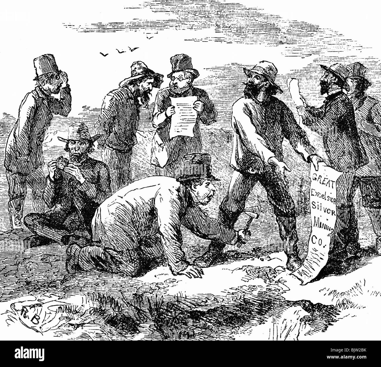 Metalle, Gold, Karikatur über die Spekulanten in Kalifornien, Holzgravur, 19. Jahrhundert, historisch, historisch, USA, Goldfieber, Goldrausch, Goldgräber, Goldgräber, Goldgräber, Goldgräber, Goldgräber, Metall, Edelmetall, Edelmetalle, Nordamerika, Satire, Menschen, Stockfoto