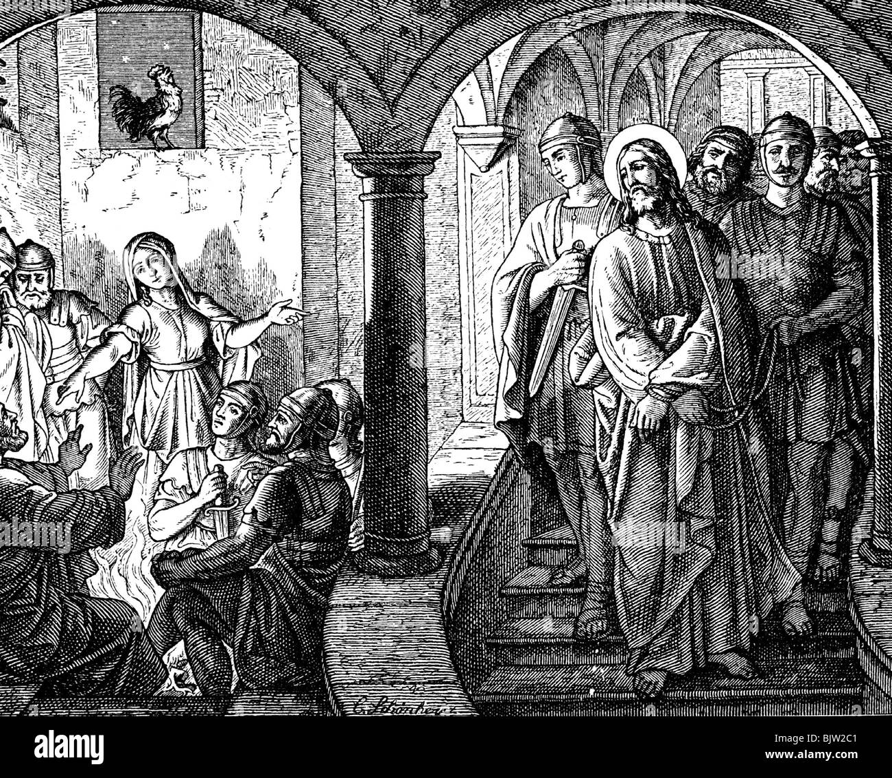 St. Peter, 1 - ca. 64 n. Chr., Apostel, leugnen Jesus Christus, Holzgravur, 19. Jahrhundert, Stockfoto