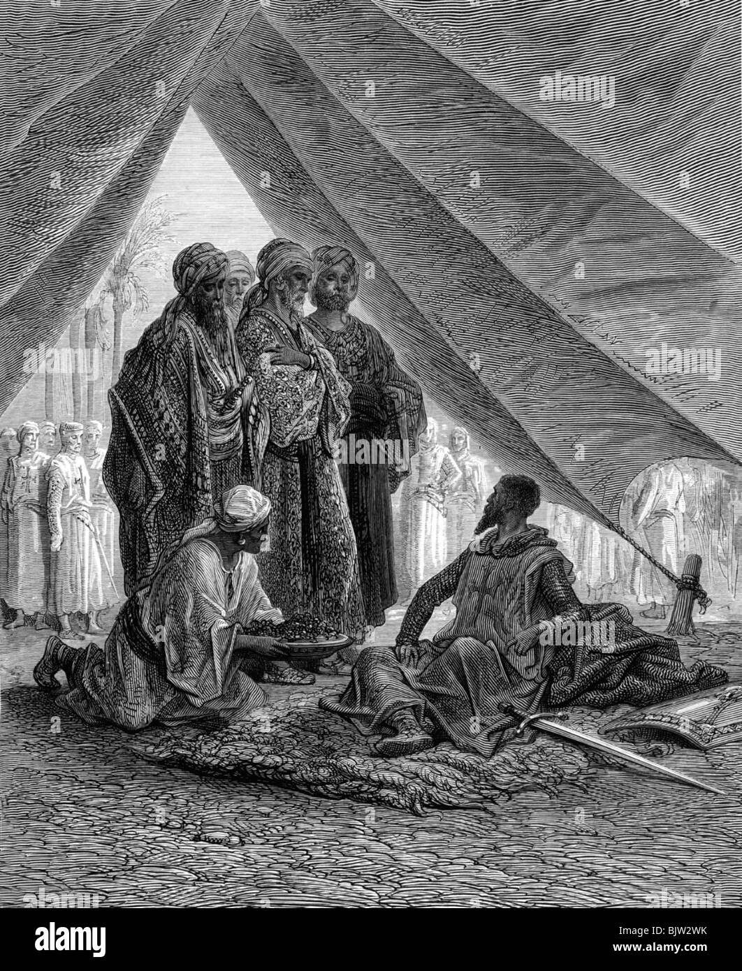 Mittelalter, Kreuzzüge, Ersten Kreuzzug 1096 - 1099, emire sind sehr einladend Gottfried von Bouillon, holzstich von Jonnard nach Zeichnung von Gustav Doré,'Histoire des croisades' von Joseph Francois Michaud, 1875, Artist's Urheberrecht nicht gelöscht werden Stockfoto