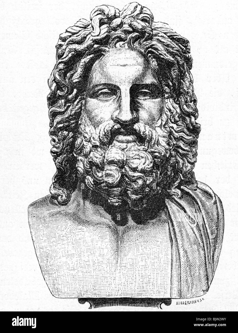 Zeus (lat.: Jupiter), der griechische "König der fünf", Anführer der Götter, gott des Himmels und Donner, Holzgravur, 19. Jahrhundert, nach "Zeus von Otricoli", Teil einer römischen Statue, Stockfoto