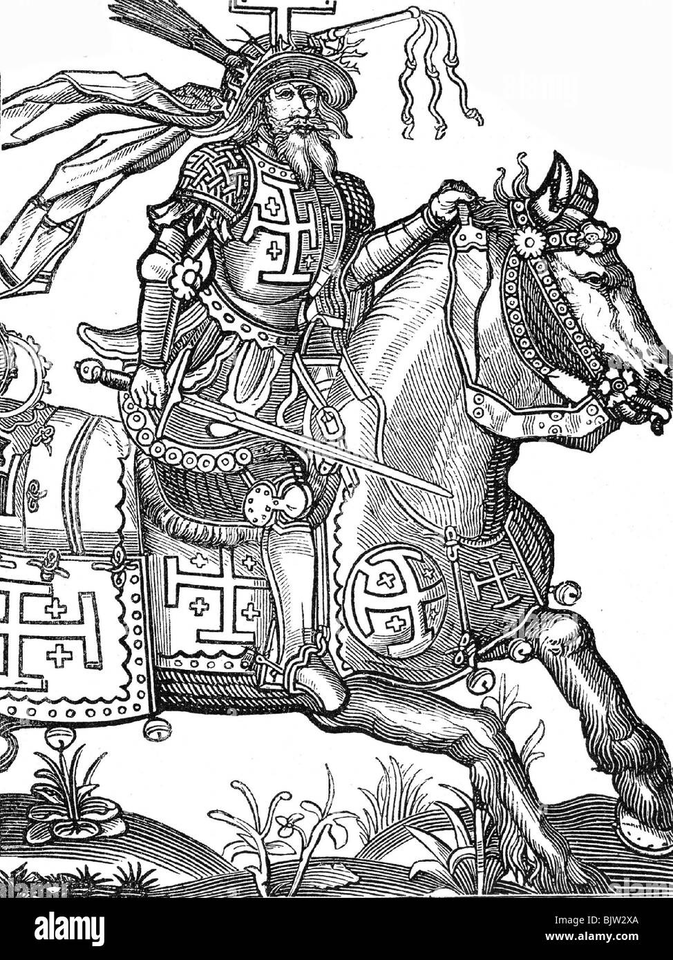 Geoffrey IV. Von Bouillon, um 1060 - 18.7.1100, König von Jerusalem, volle Länge, gekrönt von Arma Christi, Holzschnitt, Stockfoto