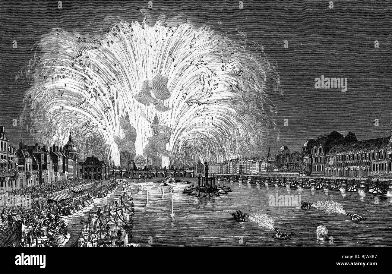 Festlichkeit, Feuerwerk, Feuerwerk, Pont Neuf, Paris, Frankreich, 1745, Stockfoto