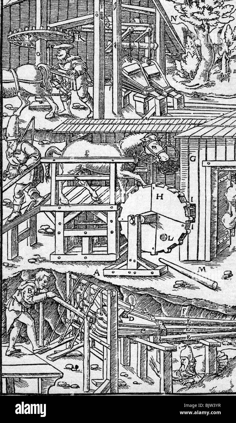 Bergbau, Bergbau, Knappschaft in einer Grube, Holzschnitt aus dem "Vom Bergwerk" (Über das Bergwerk), von Georgius Agricola (geboren Georg Bauer, 1494 - 1555), 1557, Stockfoto