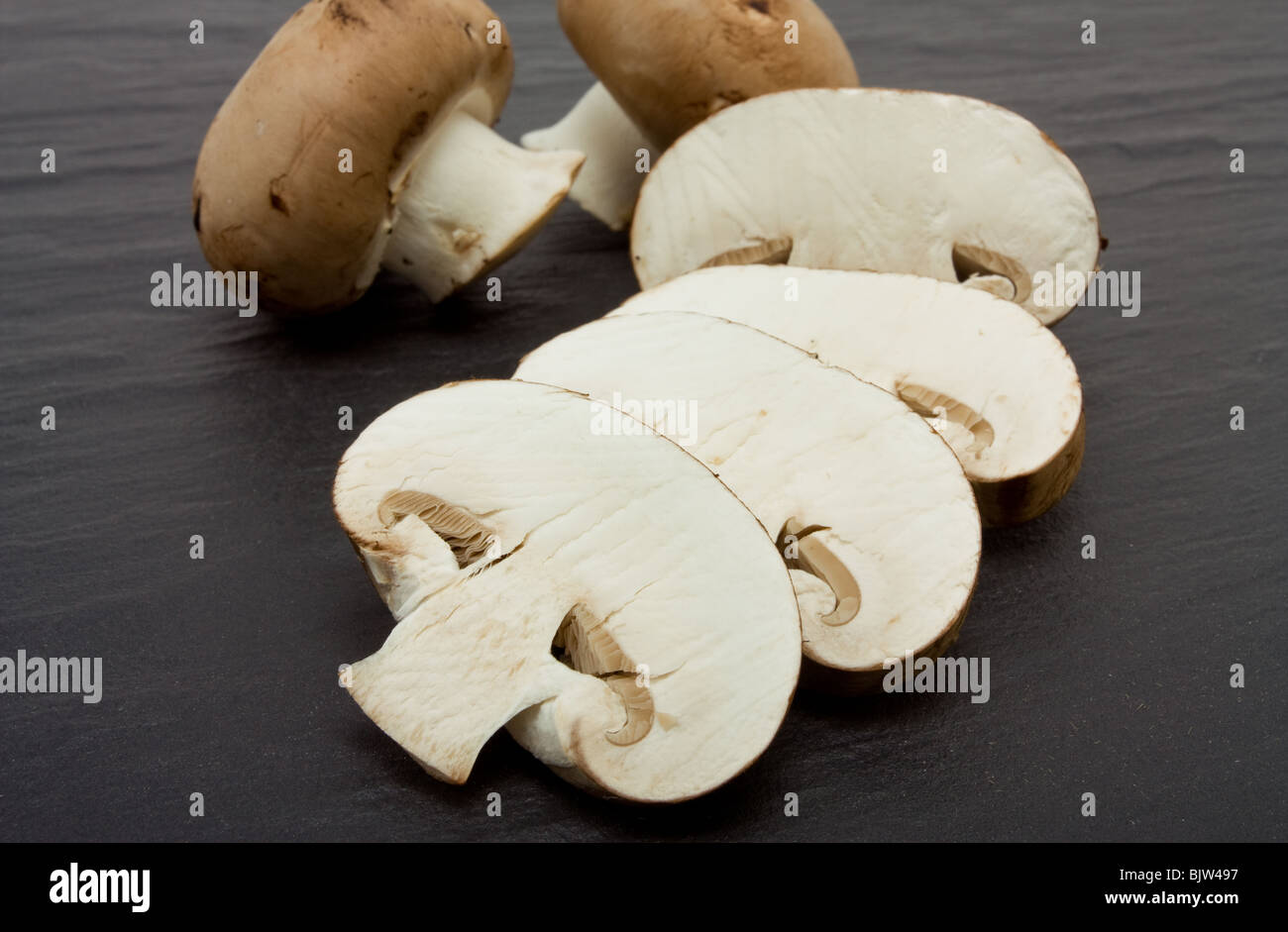 In Scheiben geschnitten und ganze Kastanie Pilze auf Hintergrund der dunklen Schiefer. Stockfoto