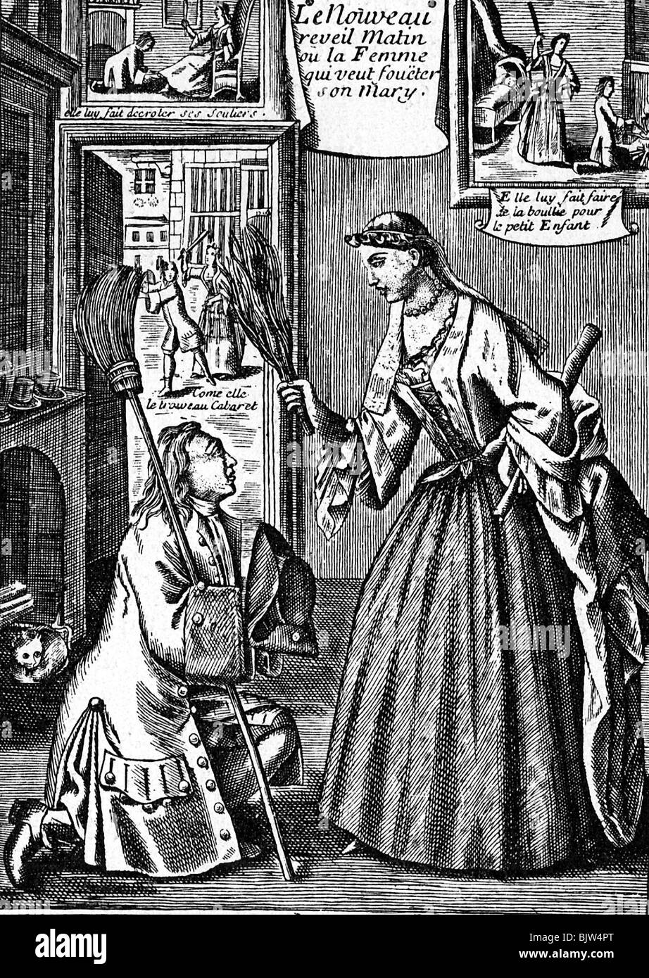 Menschen, Paar, henkelter Ehemann, Kampf der Geschlechter, sie trägt die Breinchen, französische Cartoons, ca. 1700, Stockfoto