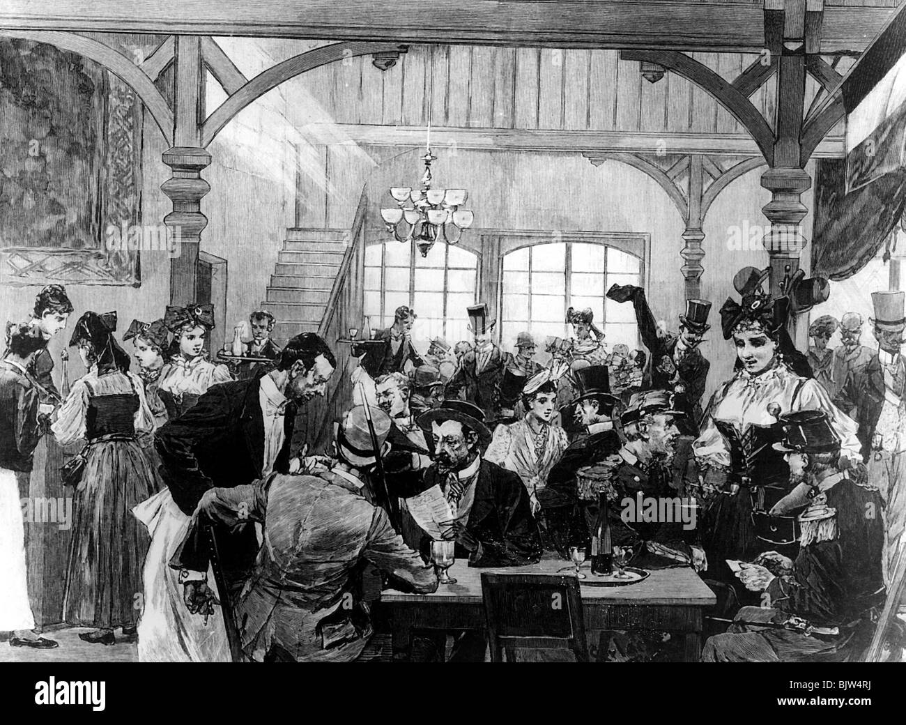 Geographie/Reise, Frankreich, Paris, Eiffelturm, Restaurant, Holzgravur, 1889, Stockfoto