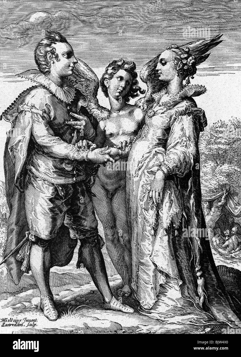 Menschen, Hochzeit, brautpaar, 'Marriage for Love', Kupferstich von J. Sandredam nach Malerei von Heinrich Goltzius, 17. Jahrhundert, Stockfoto