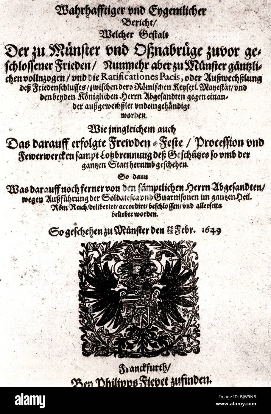 Ereignisse, Dreißigjähriger Krieg 1618 - 1648, Frieden von Westfalen, berichten über die Feierlichkeiten in Münster, Flysheet von Philipp Fievet, Frankfurt, 1649, Deutschland, 17. Jahrhundert, historisch, historisch, Münster, Münster, Stockfoto