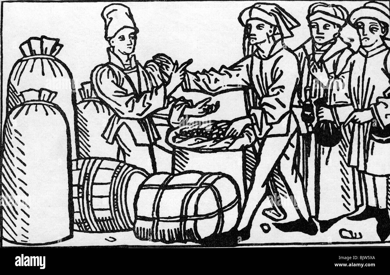 Handel, Märkte, Handelsabschluss, Holzschnitt aus "Spiegel des menschlichen Lebenswerks" von Rodericus Zamorensis, Augsburg, ca. 1475, Stockfoto