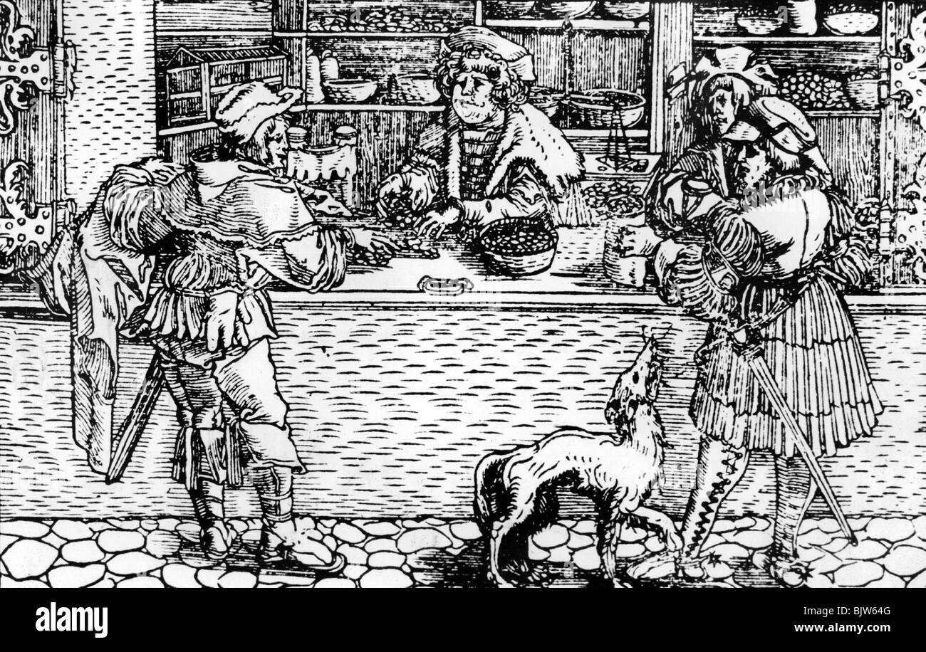 Handel, Mittelalter, Geschäfte, Holzschnitt vom J.Gobler 'Der rechte Spiegel', Frankfurt, 1564, Stockfoto