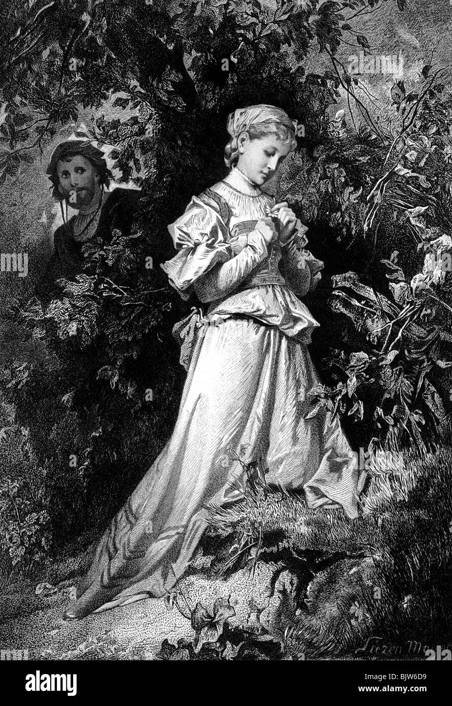 Literatur, "Faust I", 12. Szene "Garten", Gretchen und Faust, Holzgravur von Alexander Liezen Mayer, ca. 1870, Stockfoto