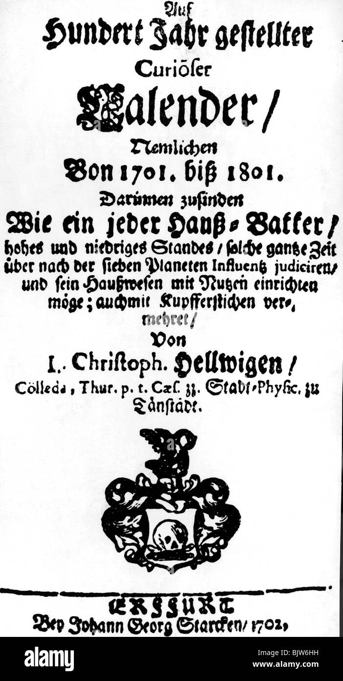 Kalender, Dauerkalender für 100 Jahre, von Christoph von Hellwig, Titel, Erfurt, Deutschland, 1702, Stockfoto