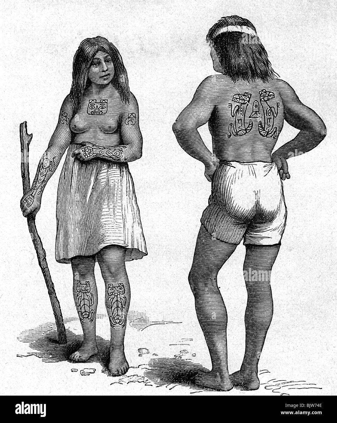 Menschen, Körperschmuck, Tätowierung, Haida Menschen mit Tätowierungen als Schutz vor Dämonen von Krankheiten und Schmerzen, Holzgravur nach G. Mallery, Inder, Krankheit, Krankheit, Haltestift, Mann, Frau, historisch, historisch, Frauen, weiblich, Männer, männlich, Stockfoto