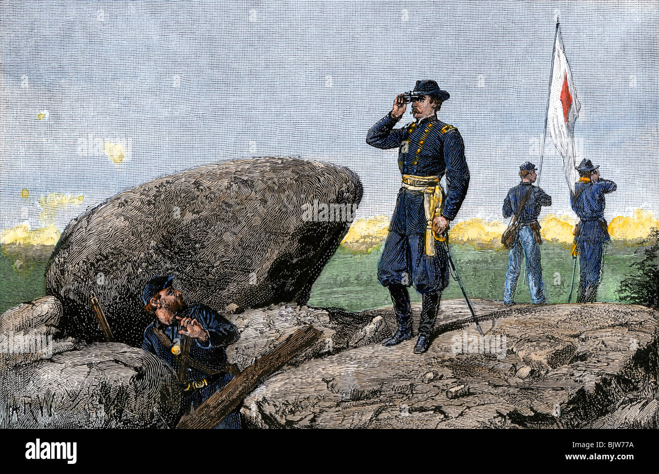 Allgemeine G.K. Warren am Signal Station auf Little Round Top beobachten Truppe Positionen, Schlacht von Gettysburg, 1863. Hand - farbige Holzschnitt Stockfoto