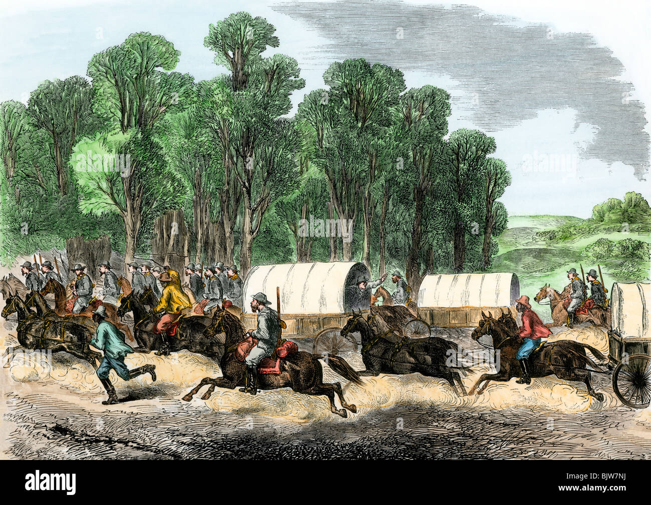Flug der konföderierten Regierung nach dem Fall von Richmond, 1865. Hand - farbige Holzschnitt Stockfoto