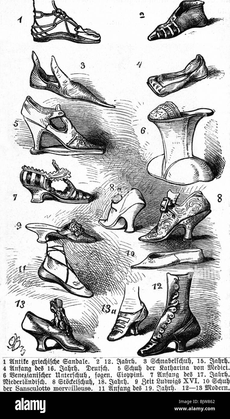 Mode, Schuhe, Schuhgeschichte, verschiedene Modelle, Holzgravur, 19. Jahrhundert, Stockfoto