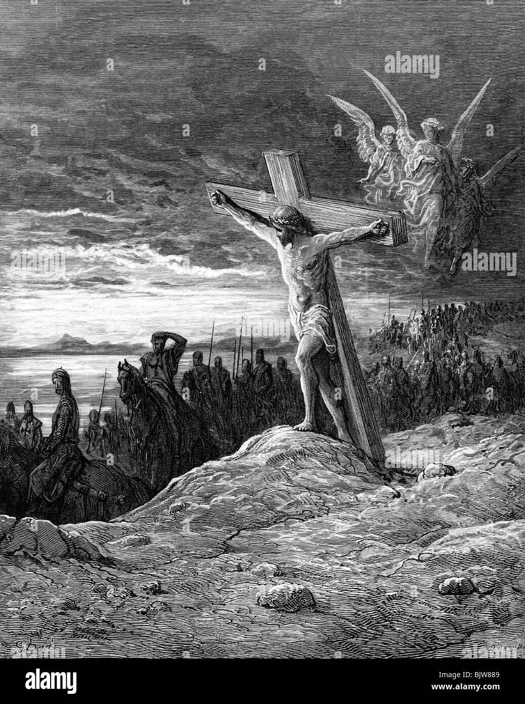 Mittelalter, Kreuzzüge, Phänomene, Jesus Christus am Kreuz Begleitung der Armee, holzstich von Quesnel, 19. Jahrhundert, historische, historische, Osten, Orient, dem Nahen Osten, Kreuzzug, fliegende Pferde, himmlischen Heerscharen, Religion, Engel, Christentum, Kruzifix, Kruzifixe, Ritter, Kreuzfahrer, Kreuzfahrer, in Palästina, im Heiligen Land, mittelalterliche, Menschen, Artist's Urheberrecht nicht gelöscht werden Stockfoto