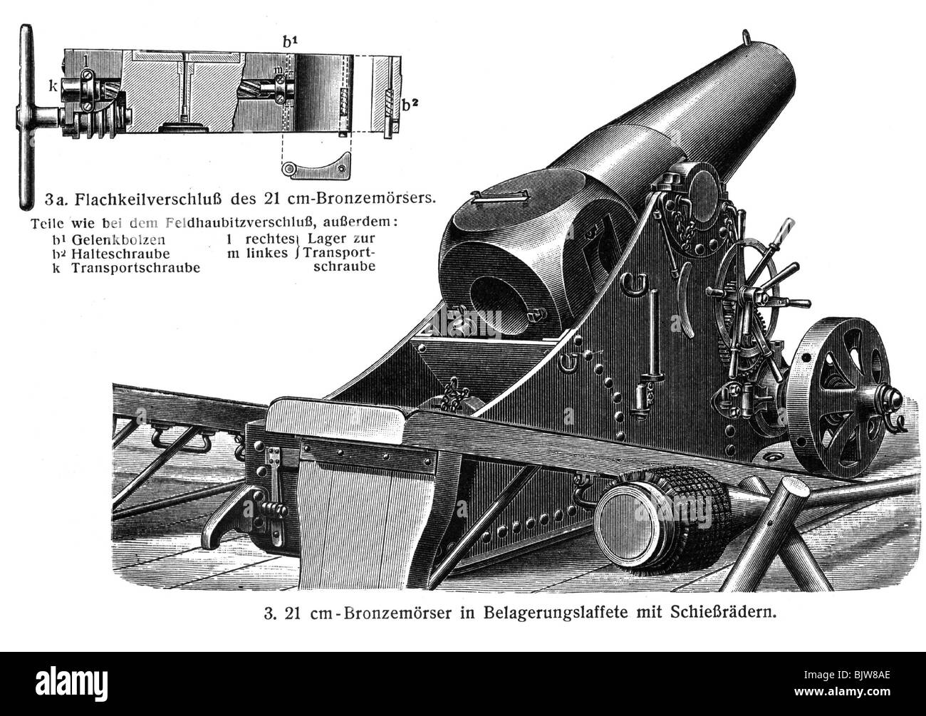 Militär, Artillerie, Geschütze, deutscher 21-cm-Mörser, Holzgravur, spätes 19. Jahrhundert, historische, historische, schwere Artillerie, Belagerungsmotor, Motoren, Eisenmontage, Waffen, Waffen, Pistole, Stockfoto