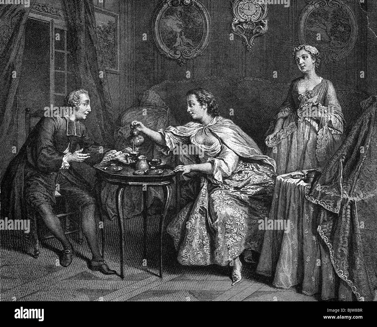 Lebensmittel, Kaffee, Kaffee am Morgen, zeitgenössischer Kupferstich aus 18. Jahrhundert, nach Gemälde von Nicolas Lancret "The Morning", Stockfoto