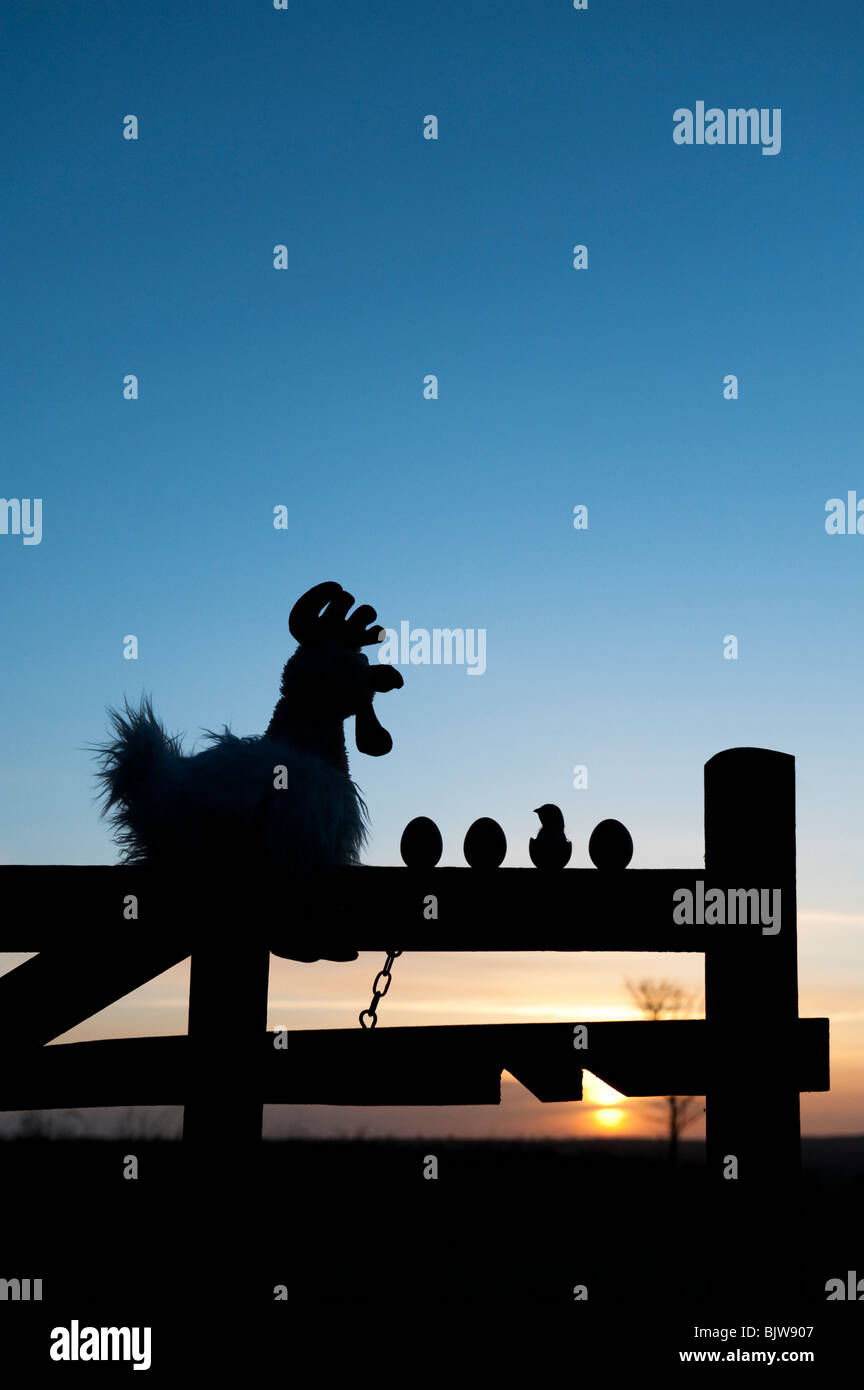 Stofftier Huhn mit Eiern und Küken auf ein Tor bei Sonnenaufgang. Silhouette Stockfoto
