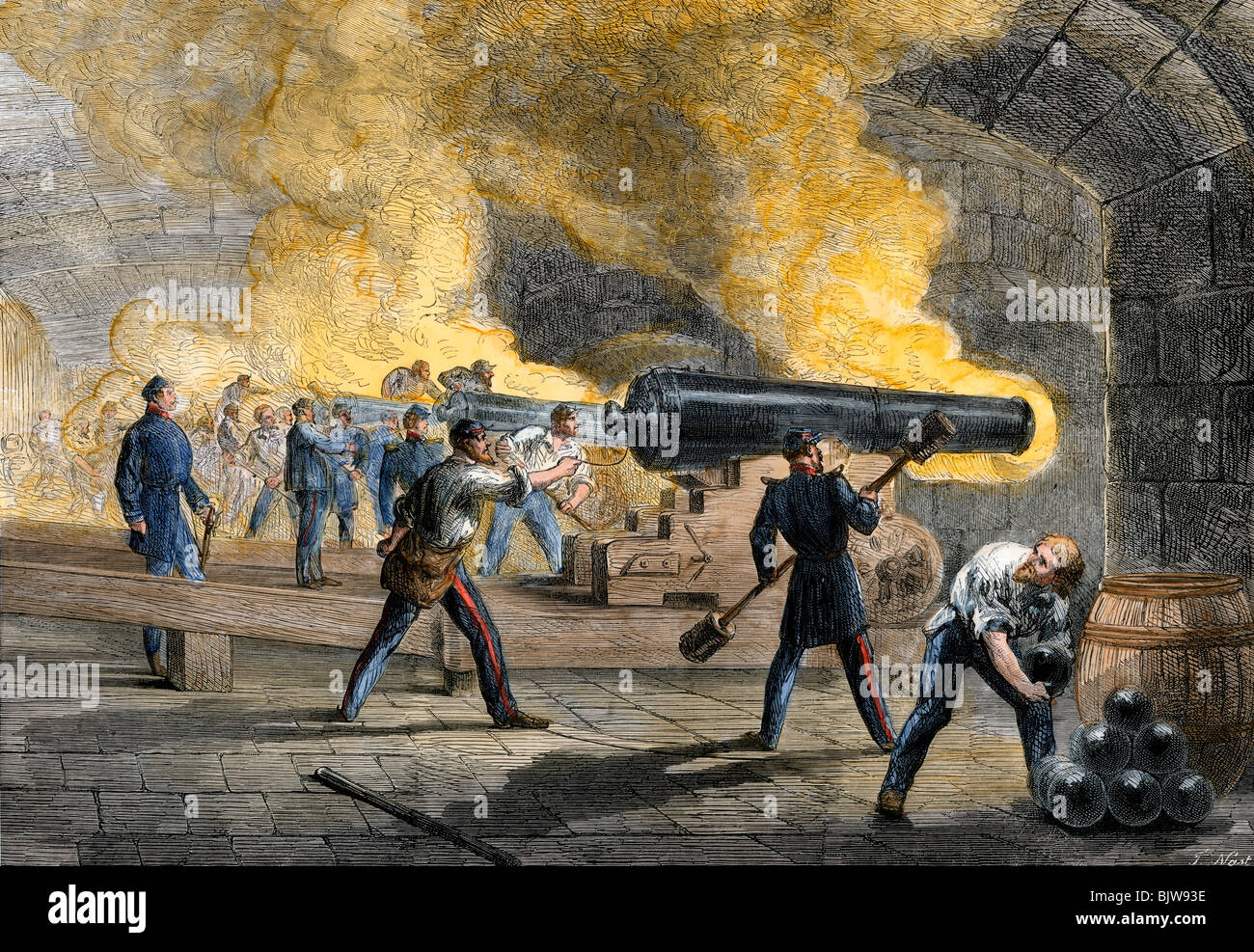 Große Pistolen von Fort Sumter wieder Feuer von Fort Moultrie zu Beginn des Bürgerkriegs 1861. Hand - farbige Holzschnitt Stockfoto