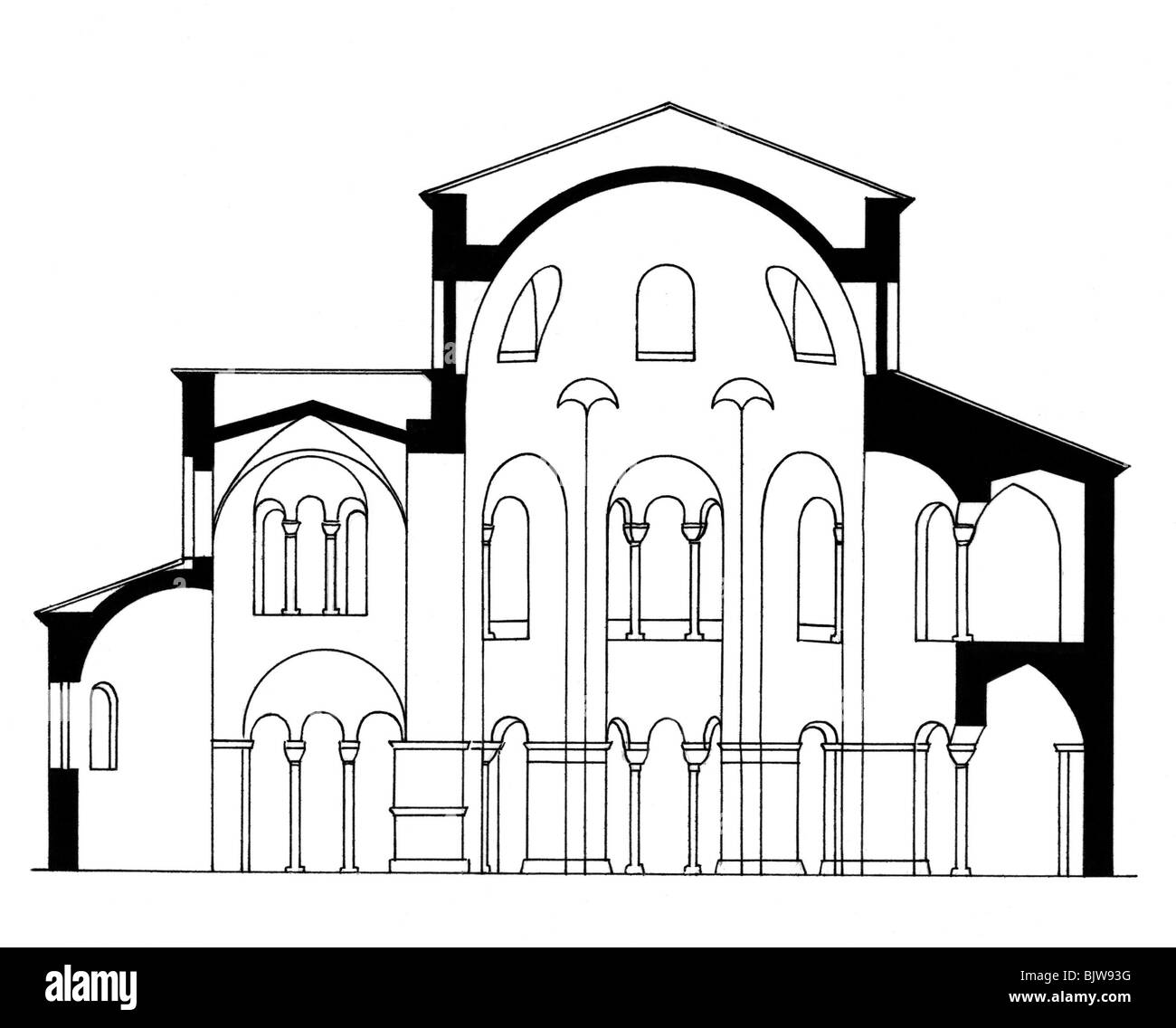 Architektur, Grundriss, Querschnitt einer romantischen Kirche, Zeichnung, römischer Bogen, historisch, historisch, Grundrisse, vertikaler Abschnitt, Grundriss, Layouts, Skizze, Skizzen, Stockfoto